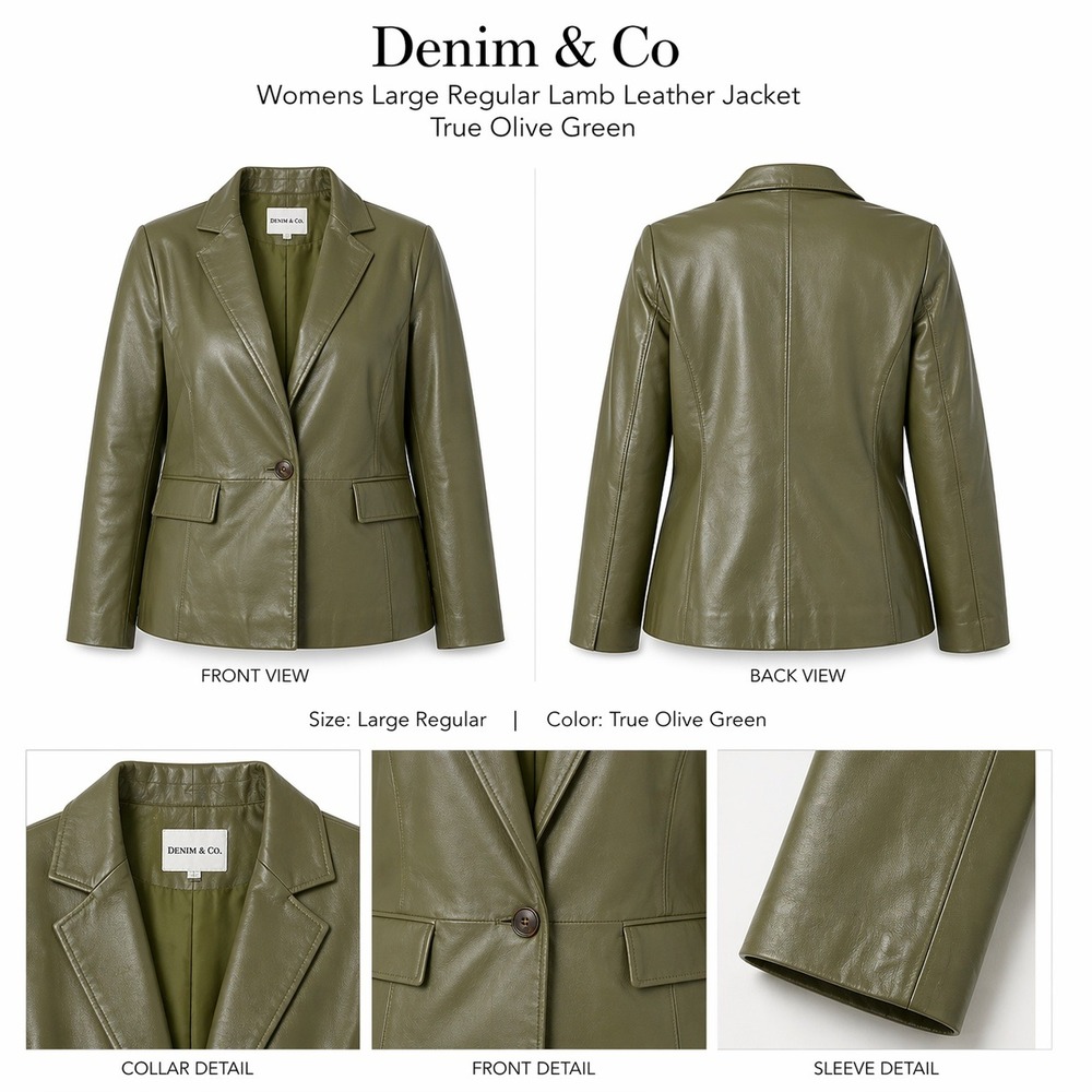 Denim & Co Womens Large Lamb Leather Blazer‎ Jacket *Flaws* True Olive Green